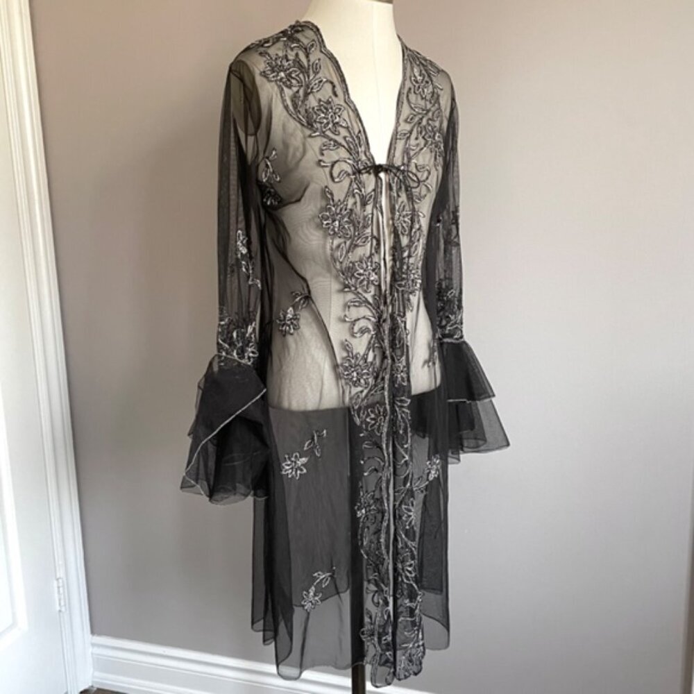 🛑 Vintage Black Mesh Mid-Length Cover-up Robe - Small/Medium - Picture 2 of 10
